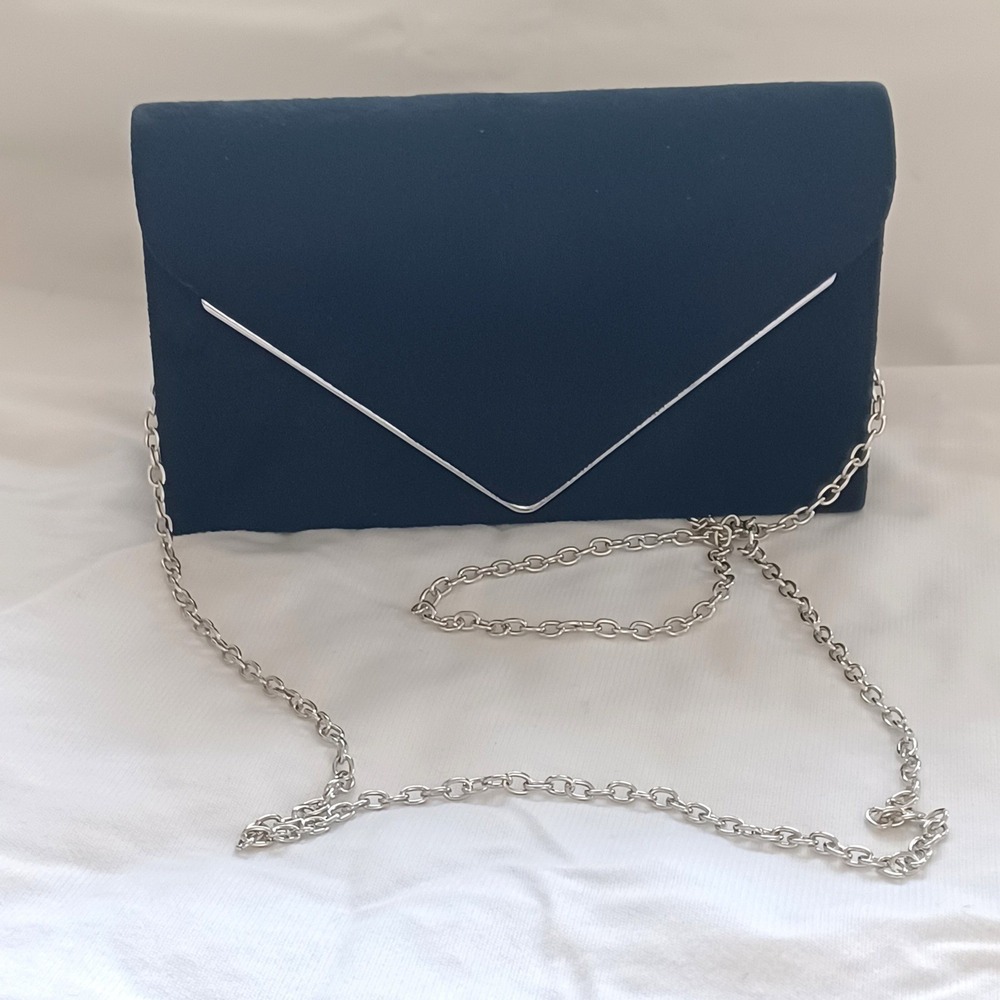 Black Velvet Envelope Clutch Purse with Silver Chain Strap Formal Bag Unbranded - Picture 3 of 8